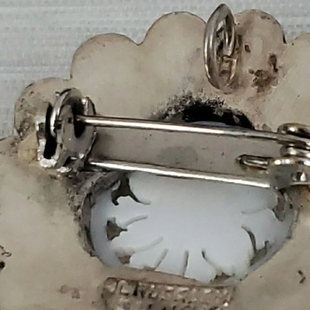 Vintage 935 Silver Jerusalem Carved Mother Of Pearl Flower Brooch Pin Pendant